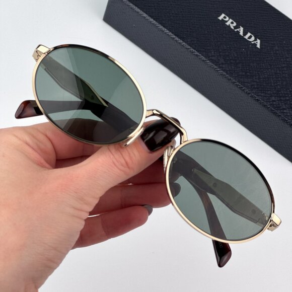 Prada PR65ZS ZVN70L BRAND NEW Sunglasses Pale Gold Dark Green Oval Metal Unisex - Picture 1 of 11